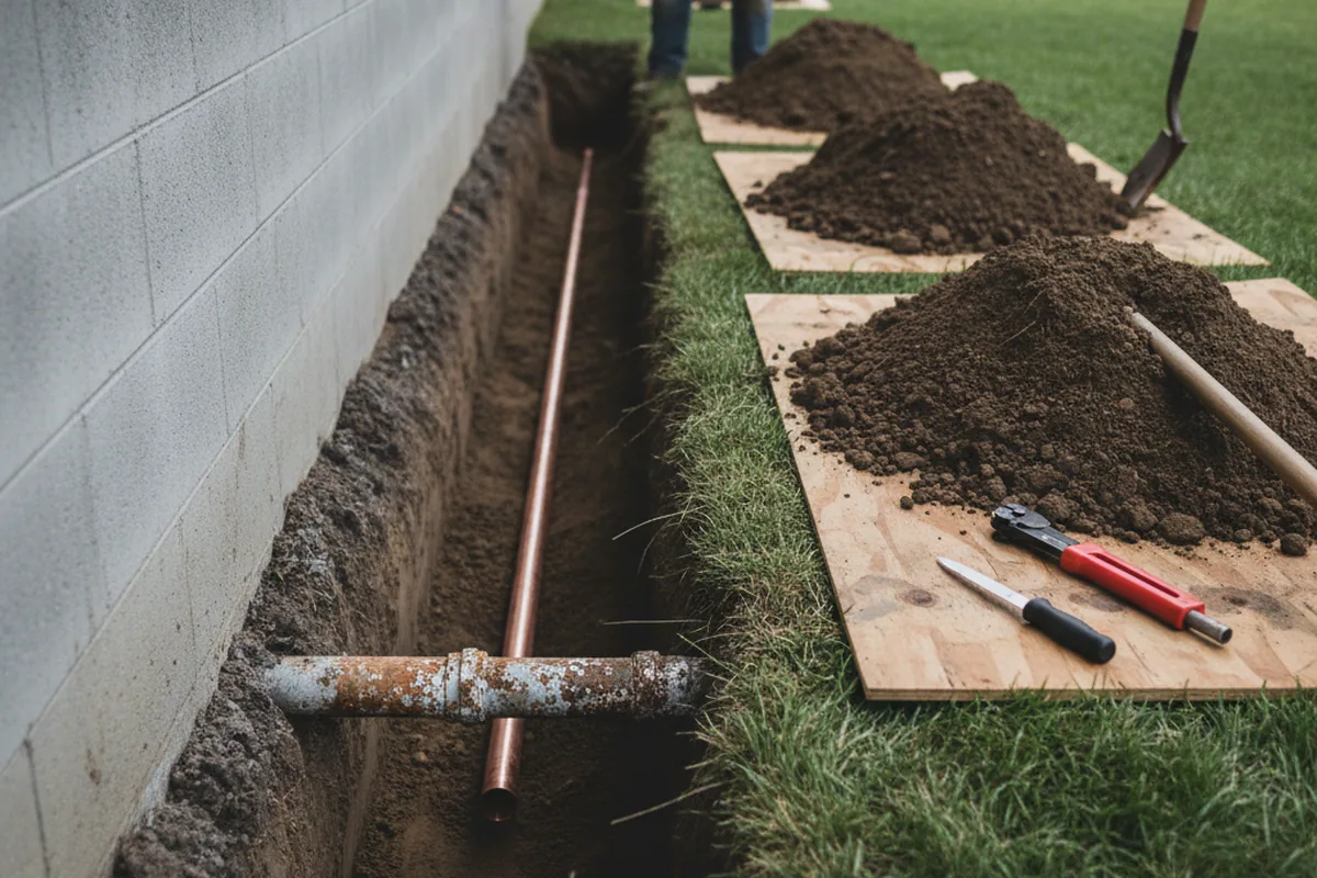 Excavated water line trench during Sewer Line Repair in Fiatt